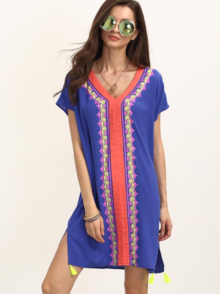 Romwe Multicolor V Neck Short Sleeve Shift Dress