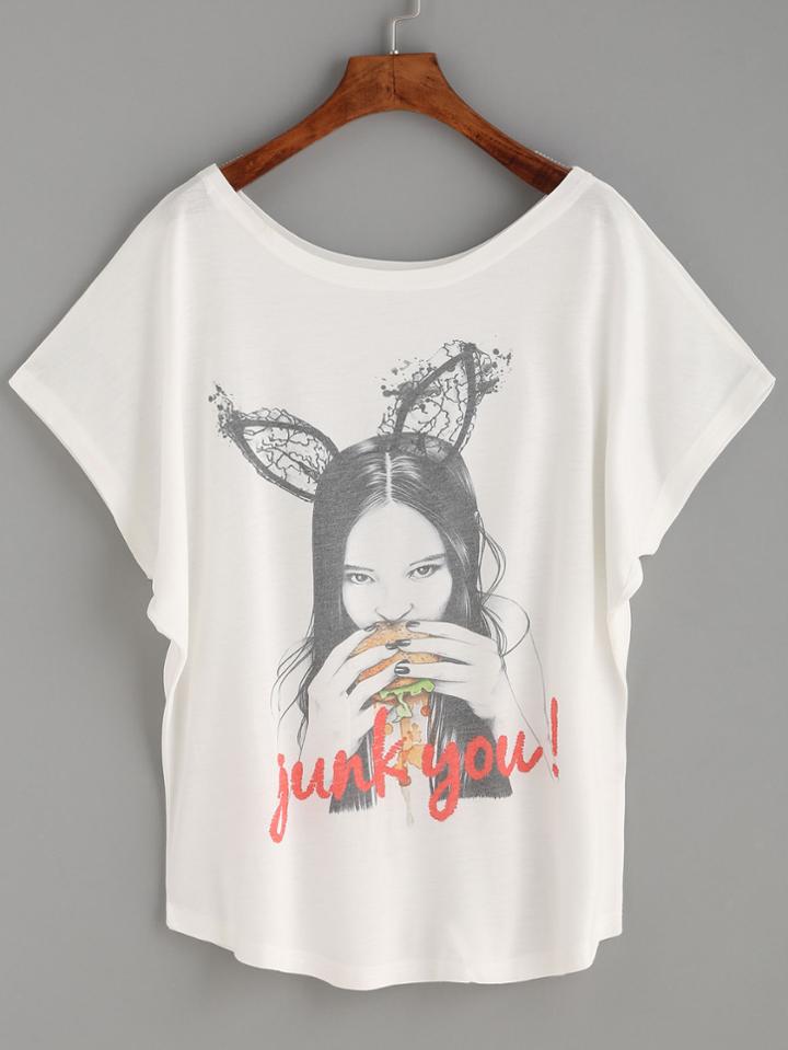Romwe White Portrait Print Dolman Sleeve T-shirt