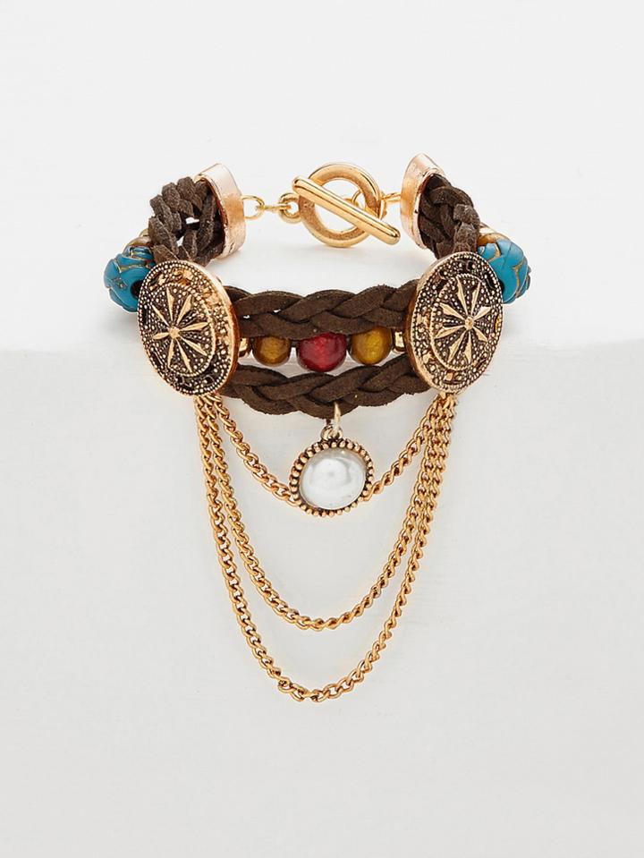 Romwe Faux Pearl & Chain Detail Woven Bracelet