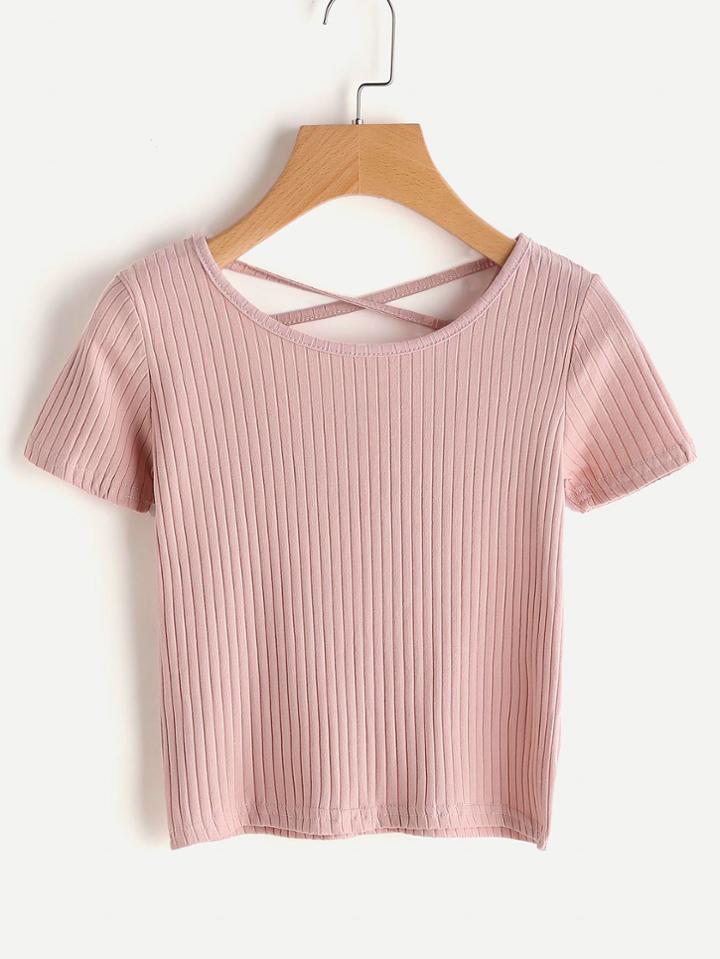 Romwe Criss Cross Back Crop Tee