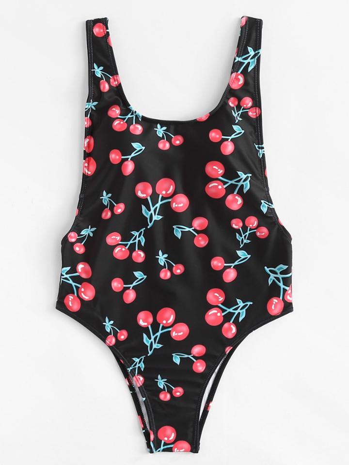 Romwe Fruit Print Low Back Swimsuit