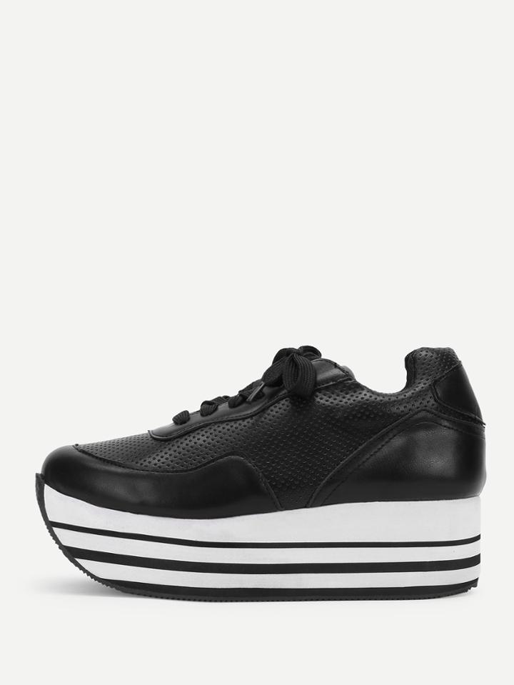 Romwe Striped Detail Flatform Lace Up Sneakers