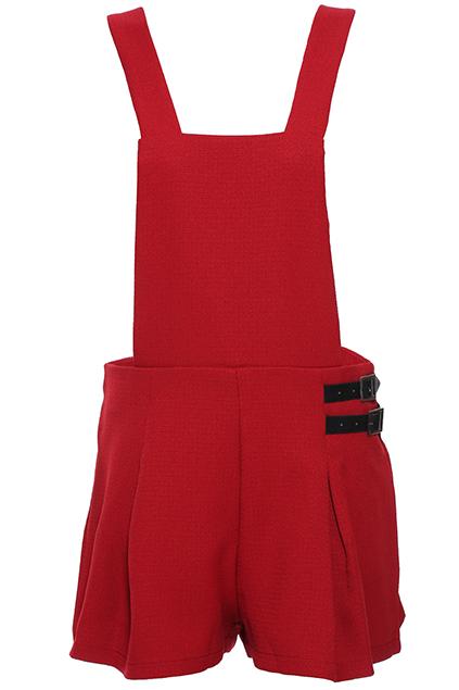 Romwe Pu Buckled Red Suspender Shorts
