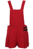 Romwe Pu Buckled Red Suspender Shorts