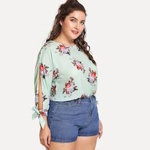 Romwe Plus Floral Print Split Sleeve Top