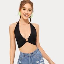 Romwe Ring Detail Tie Back Halter Top