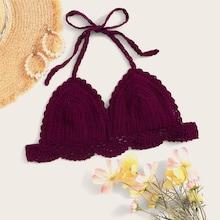 Romwe Solid Crochet Halter Bikini Top