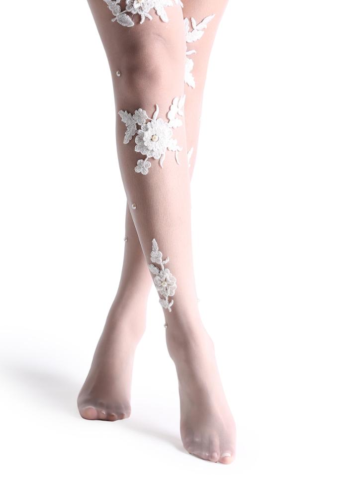 Romwe White Floral Embellished High Stretch Lace Pantyhose Stockings
