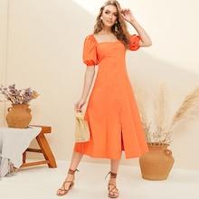 Romwe Single Breasted Front Puff Sleeve Tea Dress