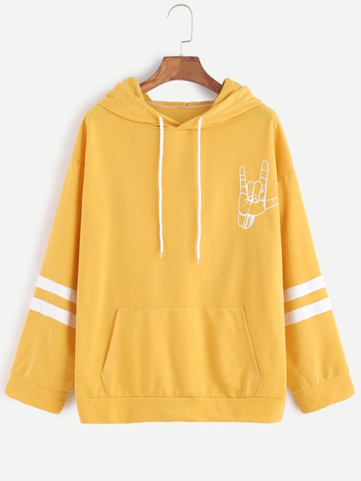 Romwe Yellow Love Gesture Print Drawstring Hooded Sweatshirt