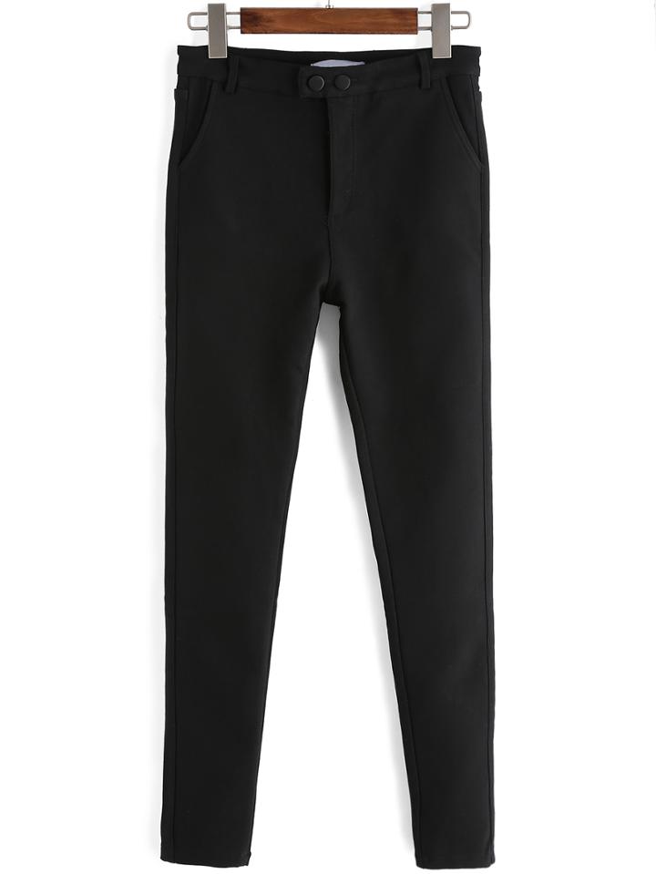 Romwe Women Buttons Slim Black Pant