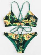 Romwe Braided Strap Detail Floral Bikini Set