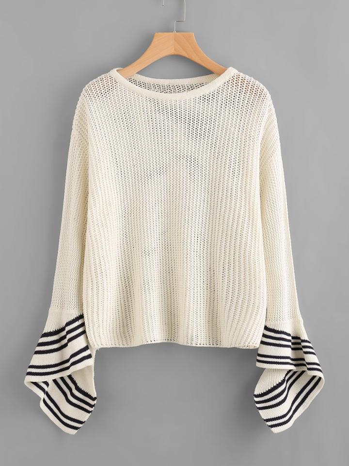 Romwe Striped Split Bell Sleeve Loose Knit Jumper