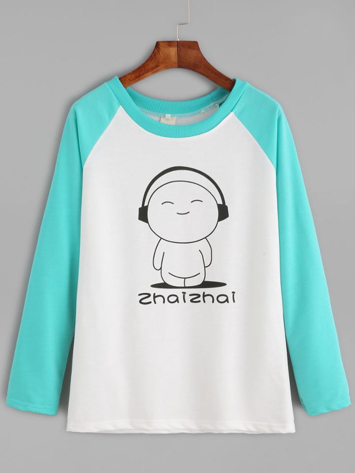Romwe Color Block Cartoon Print Raglan Sleeve T-shirt