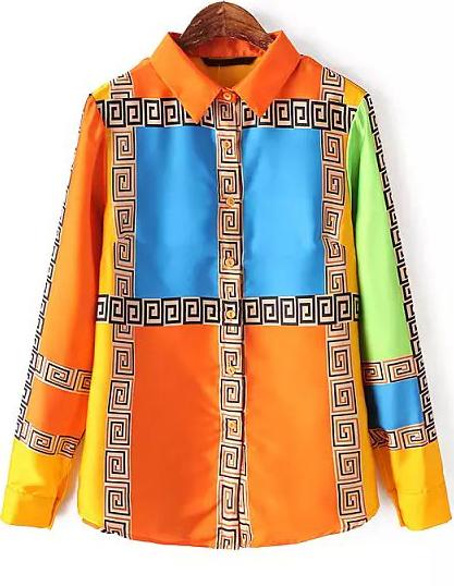 Romwe Orange Lapel Graphic Print Blouse