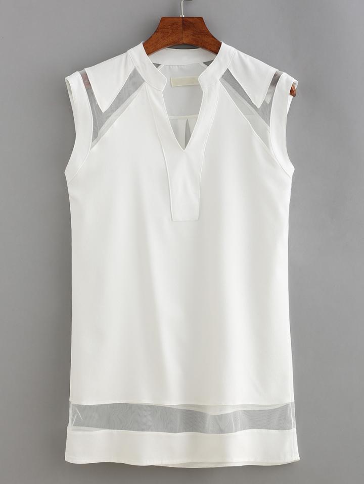 Romwe V-neck Mesh Insert Tank Top - White