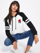 Romwe Embroidered Rose Patch Varsity Hoodie