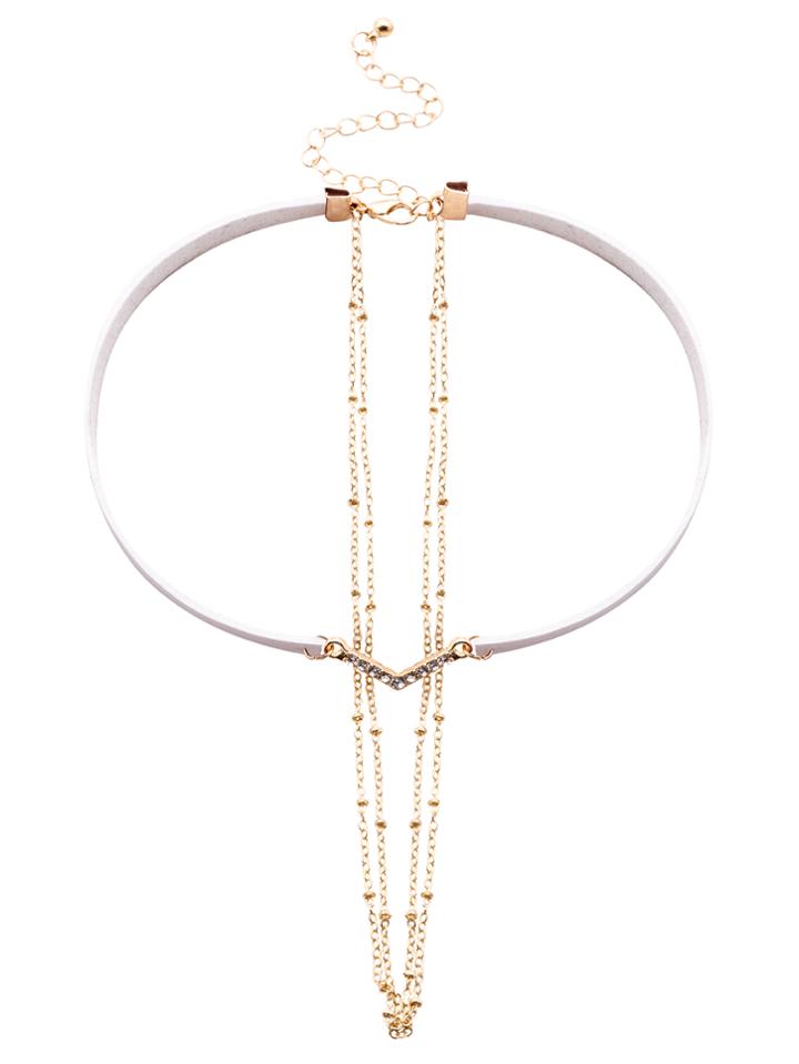 Romwe White Faux Leather Layered Chain Rhinestone Choker Necklace