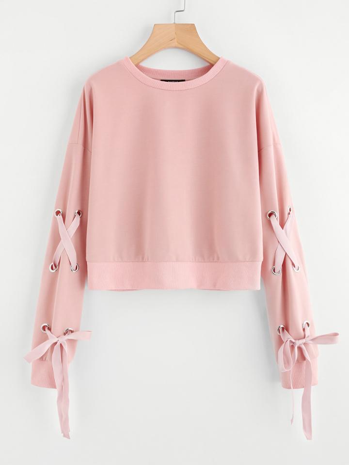 Romwe Drop Shoulder Eyelet Lace Up Sleeve Pullover