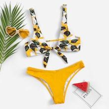 Romwe Random Leaf Print Top With Low Rise Bikini