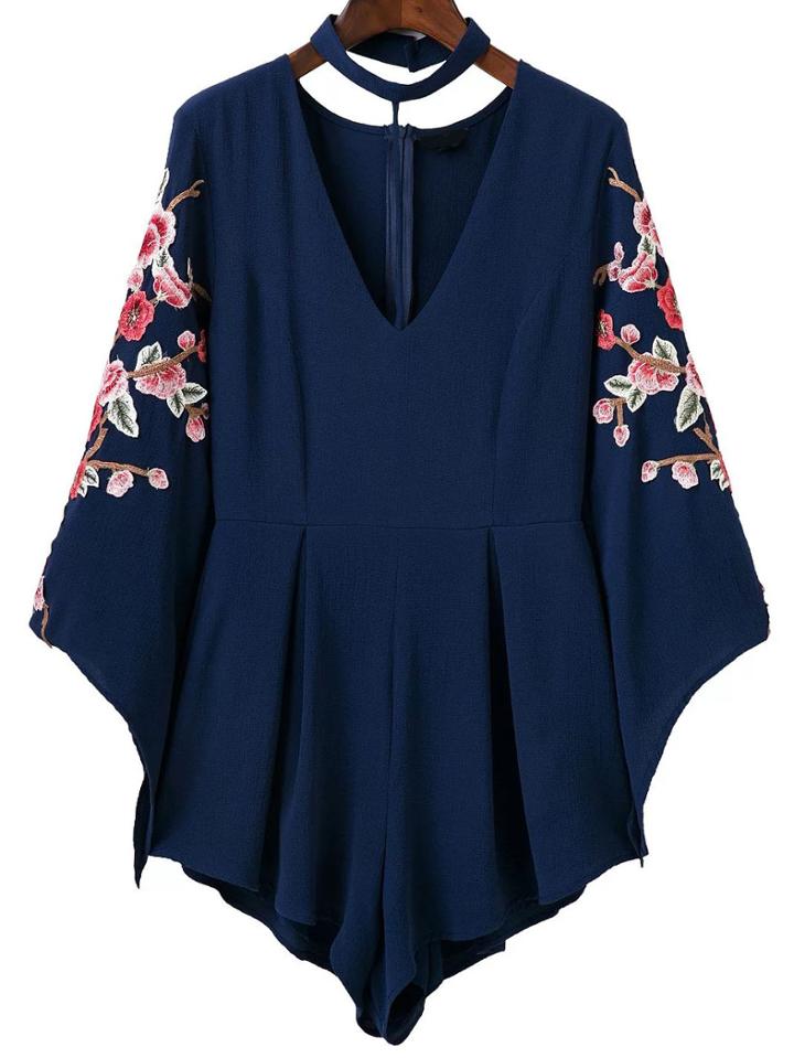 Romwe Royal Blue Flower Embroidery Choker Neck Romper