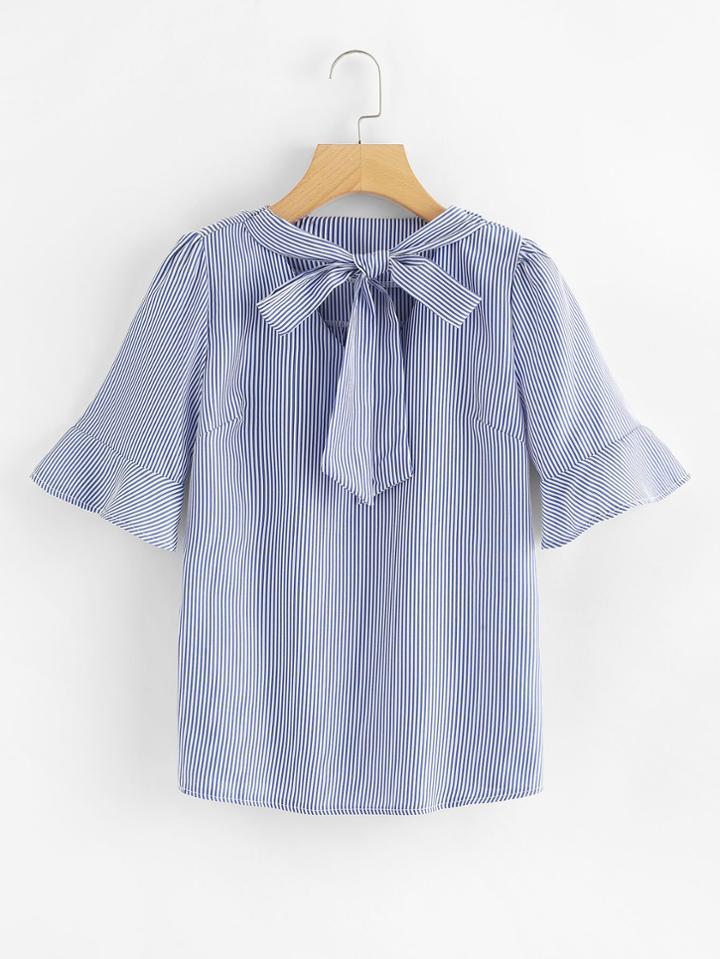 Romwe Fluted Sleeve Tie Neck Striped Top