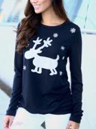 Romwe Long Sleeve Deer Snowflake Print T-shirt