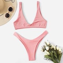 Romwe Plunge Neck Top With High Cut Bikini Set