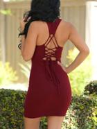 Romwe Burgundy Scoop Neck Ribbed Bodycon Tank Top