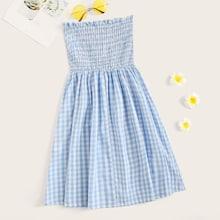 Romwe Plus Gingham Frill Trim Shirred Flare Dress