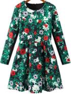 Romwe Green Long Sleeve Zipper Floral Pleated Dress