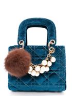 Romwe Quilted Velvet Mini Tote Bag With Pom Pom