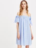 Romwe Bow Embellished Sleeve Bardot Neck Gingham Dress