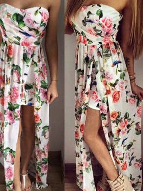Romwe White Rose Print Slit High Low Bandeau Dress