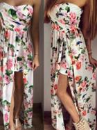 Romwe White Rose Print Slit High Low Bandeau Dress