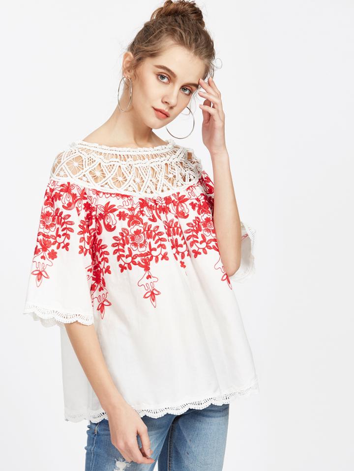 Romwe Two Way Crochet Neck Vine Embroidered Top