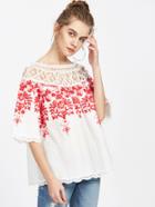 Romwe Two Way Crochet Neck Vine Embroidered Top