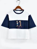 Romwe Embroidery Color Block T-shirt - Blue