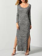 Romwe Grey Long Sleeve Split Maxi Dress