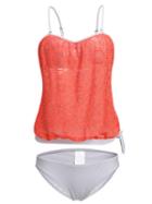 Romwe Orange Crochet Overlay Spaghetti Strap Tankini Set