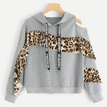 Romwe Leopard Panel Open Shoulder Hoodie