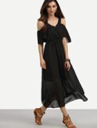 Romwe Cold Shoulder Lace Up Back Chiffon Dress