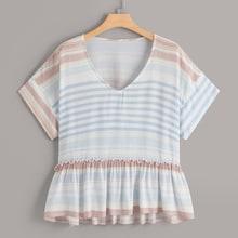 Romwe Plus Striped Frill Ruffle Hem Blouse