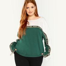 Romwe Plus Drop Shoulder Letter Print Colorblock Sweatshirt