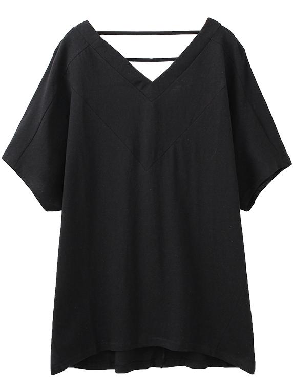 Romwe Black V Neck Cut Out Back Casual T-shirt