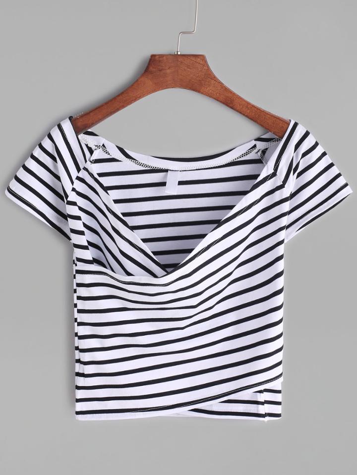 Romwe Contrast Striped V Neck Criss Cross T-shirt