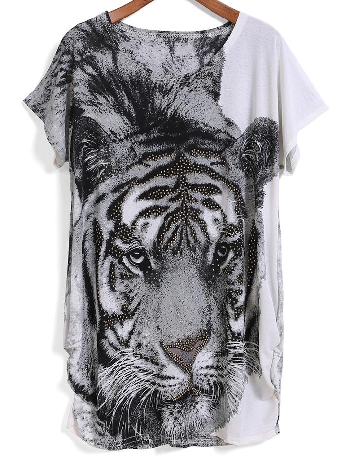 Romwe With Diamond Tiger Print Loose T-shirt
