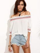 Romwe Off The Shoulder Embroidered Blouse