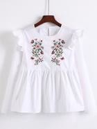 Romwe Flower Embroidery Frill Trim Top