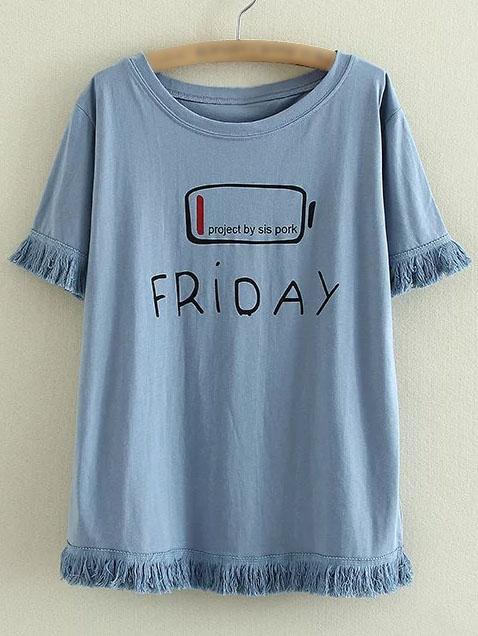 Romwe Blue Fringe Trim Printed Short Sleeve T-shirt